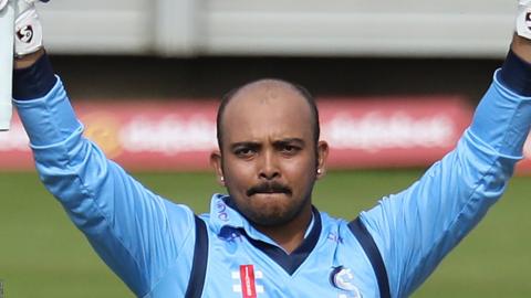 Prithvi Shaw celebrates his century against Durham