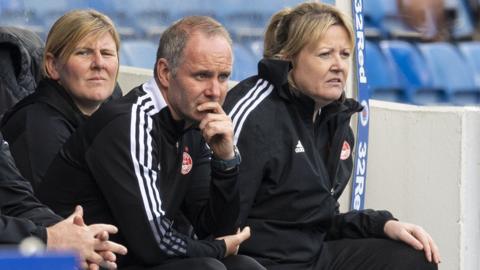 Aberdeen co-managers Emma Hunter (L) and Gavin Beith (L) during a Park's Motor Group SWPL match between Rangers and Aberdeen at Ibrox Stadium