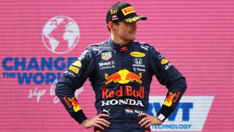 Max Verstappen stands on the podium of the Austrian Grand Prix