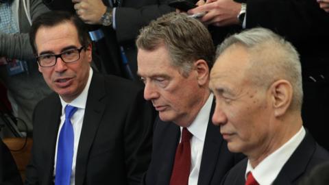 U.S. Secretary of the Treasury Steven Mnuchin (2nd L) speaks as U.S. Trade Representative Robert Lighthizer (3rd L) and U.S. Secretary of Commerce Wilbur Ross (L) listen during a meeting between U.S. President Donald Trump and Chinese Vice Premier Liu He (R) in the Oval Office of the White House February 22, 2019 in Washington, DC.