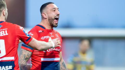 Hull KR's Elliot Minchella celebrates his try against Castleford