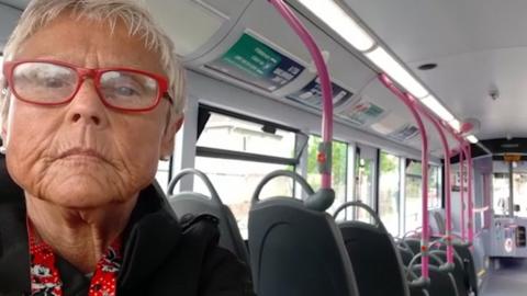 Lesley Turner on a bus in Bridgend