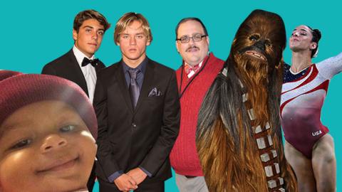 This is a photo of Honey Bun baby, Daniel Lara, Josh Holz, Ken Bone, Chewbacca and Aly Raisman.