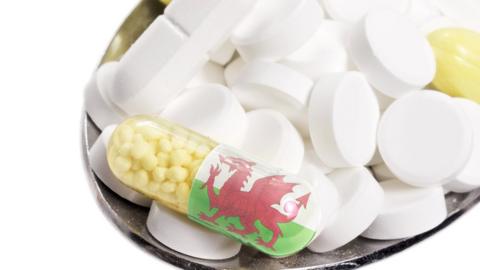 The national flag of Wales on a capsule and pills on a spoon
