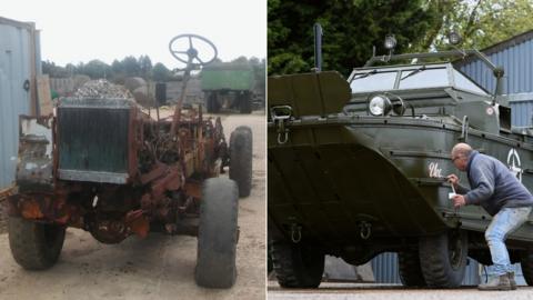 Rusty chasis and completed restored vehicle
