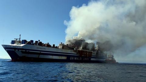 Firefighting forces continue their battle against pockets of fire and extremely high temperatures on the burning ferry Euroferry Olympia on Saturday