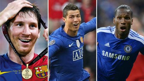 Lionel Messi, Cristiano Ronaldo and Didier Drogba