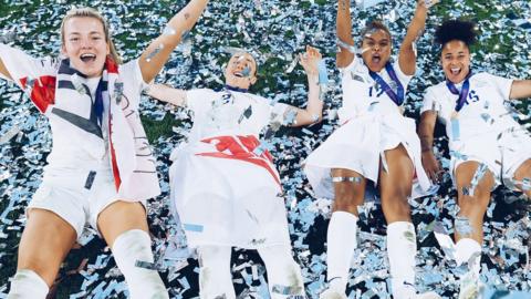 England players celebrate on the pitch at Wembley after the Euro 2022 final