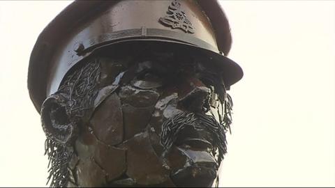 A close-up of the soldier's face