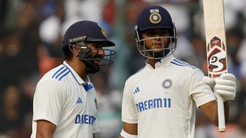 India's Yashasvi Jaiswal celebrates hitting a half-century in the first Test against England