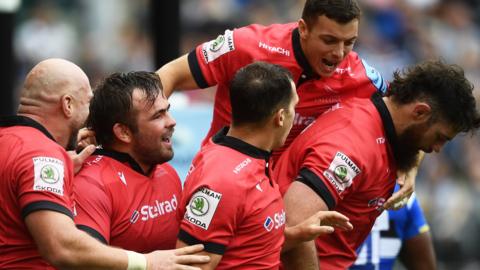 Newcastle celebrate a try against Bath