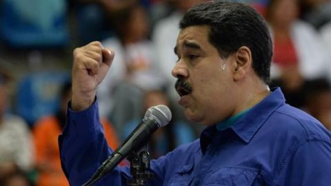 Venezuelan President Nicolas Maduro delivers a speech during a rally in Caracas on February 7, 2018.