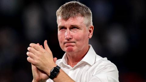 Republic of Ireland manager Stephen Kenny applauds the team's supporters after Thursday's 2-0 defeat in Paris