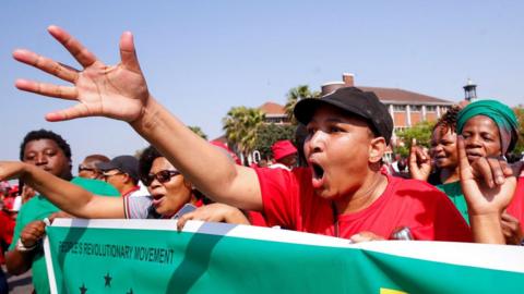 Members of Congress of South Africa Trade Unions (COSATU), South African Federation of Trade Unions (SAFTU) and other labour unions embark on a nationwide strike over the high cost of living in Durban, South Africa, August 24, 2022.
