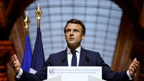 President Emmanuel Macron after an EU leaders summit to discuss the fallout of Russia's invasion in Ukraine, at the Palace of Versailles, near Paris, on March 11, 2022