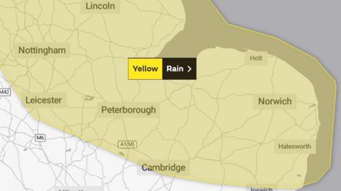 A yellow area shows on the map where a yellow weather warning is in place across parts of Cambridgeshire, Northamptonshire, Suffolk and Norfolk