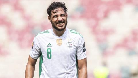 Algeria forward Youcef Belaili reacts during their match against Sierra Leone