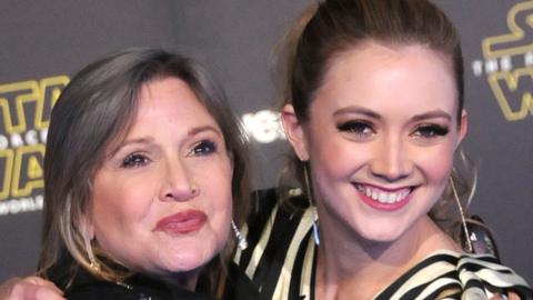 Actress Carrie Fisher and daughter actress Billie Lourd attend the Premiere of Walt Disney Pictures and Lucasfilm's 'Star Wars: The Force Awakens' on December 14, 2015 in Hollywood