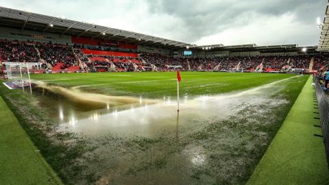 The waterlogged pitch at New York Stadium