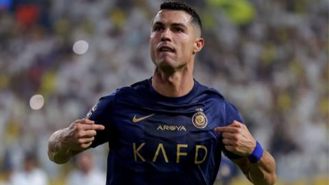 Cristiano Ronaldo celebrates after scoring for Al-Nassr