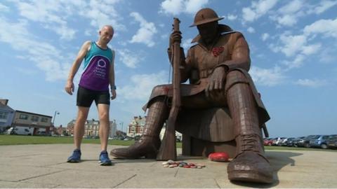 Scott Baker starting next to the 'Tommy' war memorial in Seaham