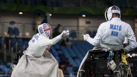 British wheelchair fencer Piers Gilliver in action