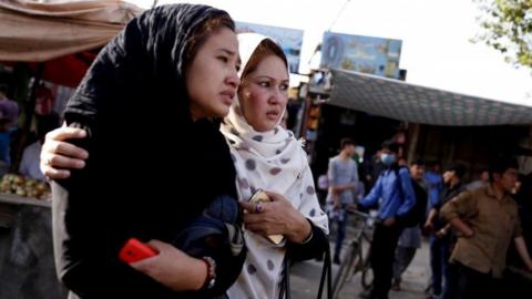 Women at the scene of a bomb attack in Kabul, Afghanistan, 15 August 2018