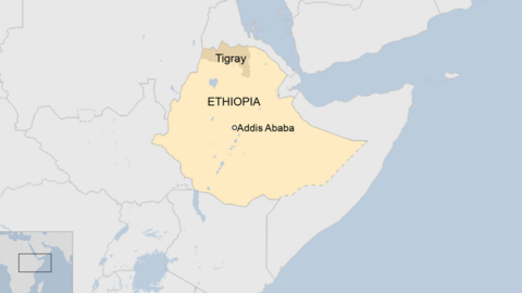 A map of Ethiopia showing the capital, Addis Ababa, and the northern Tigray region.