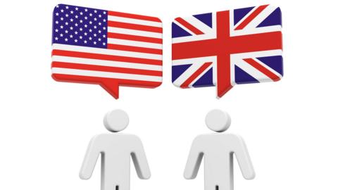 Graphic showing two men - one speaking American English and one speaking British English