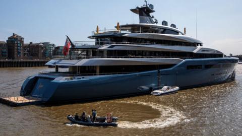 Aviva, Joe Lewis's superyacht, seen in London in 2018