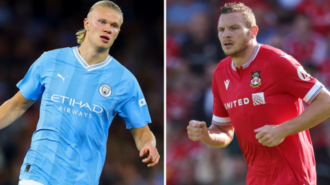 Manchester City's Erling Haaland (left) and Wrexham's Paul Mullin