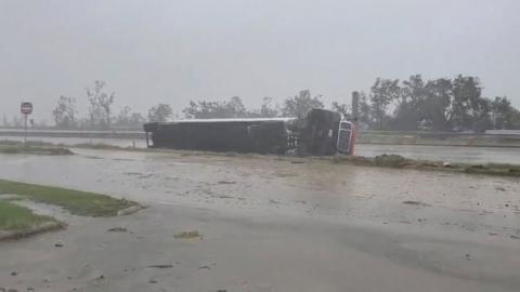 A lorry flipped on its side due to Hurricane Delta in Lake Charles, Louisiana