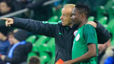 Nigeria coach Gernot Rohr gives instructions to Ahmed Musa