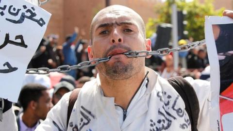 A man attends a teachers' protest for better work conditions in Rabat, Morocco on 24 March 2019