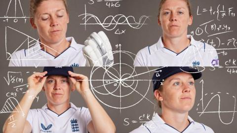 Four images of Heather Knight with graphs and equations around her