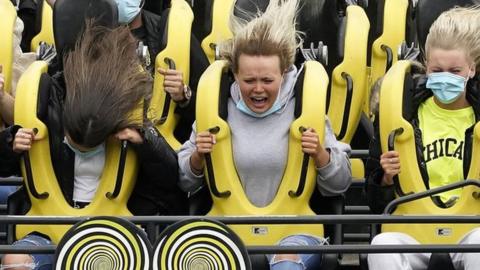 People on a Smiler rollercoaster in Alton Towers UK
