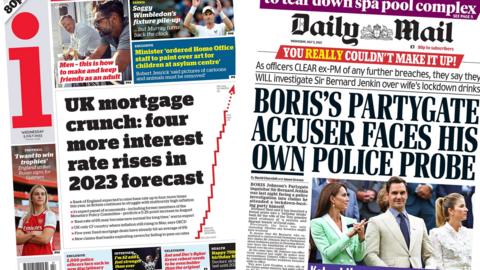 The headline on the front page of the i newspaper reads: "UK mortgage crunch: four more interest rate rises in 2023 forecast" and the headline on the front page of the Daily Mail reads: "Boris's Partygate accuser faces his own police probe"