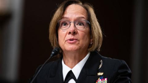 Admiral Lisa M. Franchetti, U.S. Navy, testifies during the Senate Armed Services Committee hearing on her reappointment to the grade of admiral and to be Chief of Naval Operations, in Dirksen Building on Thursday, September 14, 2023. (