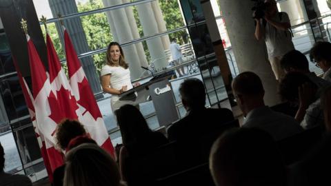 Canadian Foreign Minister Chrystia Freeland speaks at a press conference August 31, 2018 at the Embassy of Canada in Washington, DC.