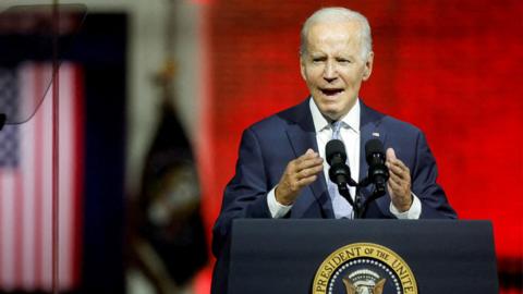 US President Joe Biden delivers a speech in front of Independence Hall at Independence National Historical Park, Philadelphia, on 1 September 2022