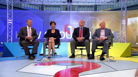 The debate panel: Liam Fox, Diane James, Alex Salmond and Alan Johnson