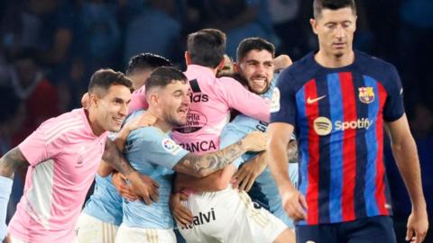 Celta Vigo celebrate beating Barcelona and avoiding relegation from La Liga