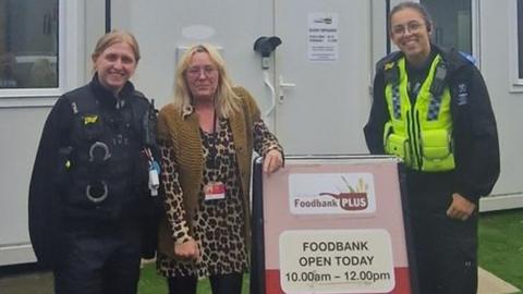 PC Hayes (left) and PCSO Charlton with Linzie Hogan from Chelwood Foodbank