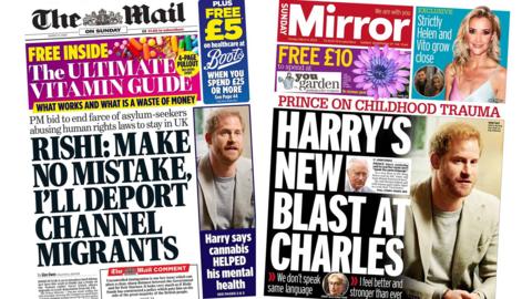 The headline in The Mail on Sunday reads: Rishi: Make no mistake I'll deport Channel migrants. and the headline in the Sunday Mirror reads: Harry's new blast at Charles.