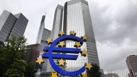 Euro logo outside ECB former HQ in Frankfurt