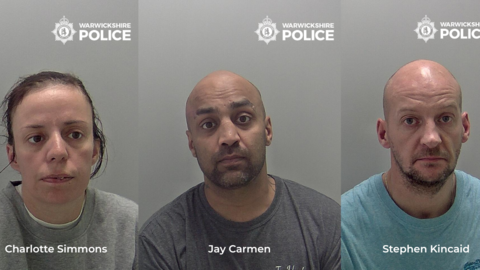A collage of three mugshots of a woman and two men. They are sat against. agree background and are looking into the camera