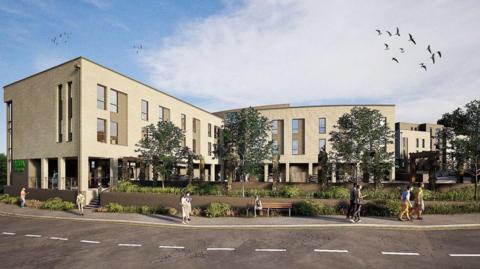 A CGI of how the student housing will look. The building is next to a road and is made of off-white coloured stone. A line of trees and bushes runs between the building and the road.