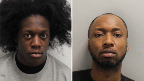 Two police custody photographs shown side by side. Both men are facing the camera with neutral expressions against plain light-coloured backgrounds, one wearing a grey sweatshirt and the other a dark top.