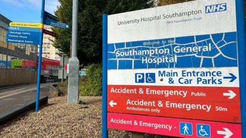 Hospital sign showing directions to various departments at Southampton.
