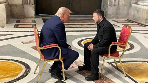 Ukrainian President Volodymyr Zelensky (R) meeting with US President Donald Trump (L) as they attend the funeral Mass of Pope Francis in Saint Peter's Square, Vatican City, 26 April 2025